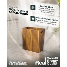 BLUEWEST 2.6 Gallons Wooden Wastebaskets – Solid Acacia Wood Trash Can with Handles, Rectangular Bin for Bathroom, Bedroom, Kitchen, Office – Brown Decorative Basket for Living Room or Under Counter