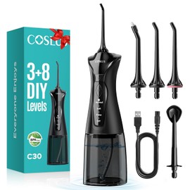 COSLUS C30 Irrigador Bucal Portátil para Los Dientes: 4 Modos Irrigador Dental para Brackets y Encías Sensibles, 4 Boquillas & 300ml Irrigador Oral Inalámbrico, Water Flosser para Viajes, Hogar Negro