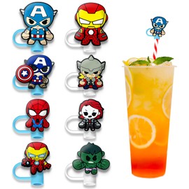 8Pcs Straw Covers Cap for Tumblers, Cute Cartoon Straw Topper, Silicone Straw Tip Covers for Drinking Straws (8Pcs Hero 8mm 7L)