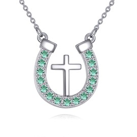 CRMAD Horseshoe Necklace for Women Sterling Silver Horse Cross Pandant Necklace Rose Gold Plated Jewelry Gifts for Women (cross-green)