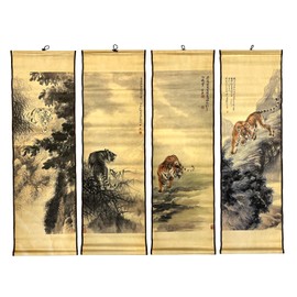 CIFIBIFUN 4 Panels Asian Wall Picture Roll Scroll Painting Tiger Mountain Masterpieces Painting Reproduction Super Large, Walls Hanging Decor Art for Farmhouse Ink Painting