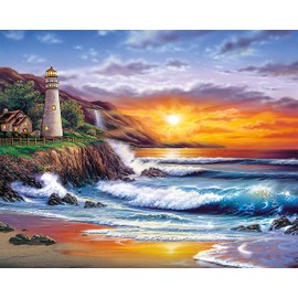 Paint by Number Kits, Lighthouse DIY Painting by Numbers Adults, Sunset Sea Landscape Paint by Number with Brushes and Acrylic Pigment, 16 x 20 Inch Paint by Numbers Crafts for Adults