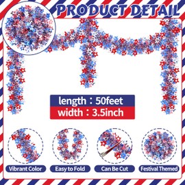 50FT 4th of July Patriotic Tinsel Garland, Glitter Tinsel Garlands with Star, Metallic Holiday Hanging Streamers for Memorial Day Independence Day Indoor Outdoor Party Decor (Blue,Red,White)