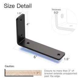 6 Pack 6 Inch Floating L Shelf Brackets for DIY,1/5 Inch Thick Heavy Duty Metal Shelf Bracket for Wall,Premium Black Powder Coated Steel