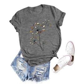 Teacher Shirts for Women Dandelion Book Graphic Funny Teacher Outfits for Women 2024 Round Neck Book Lover Tee Tops