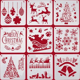 9pcs Christmas Stencils Templates for Crafts Reusable - Card Making Wood Wall Furniture Painting Kids Christmas Arts Crafts Decoration, Christ-mas-Gifts for Kids, 15 * 15cm