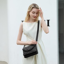 Miss Lulu Small Crossbody Bags for Women, Soft Classic Quilted Handbags with Wide Strap PU Leather Waterproof Cell Phone Shouderbag as Girl Gift (Black)