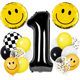 Whaline 29Pcs One Happy Dude Birthday Party Decorations Yellow White Black Balloons Checkered Balloons Number One Balloons for Smile Face First Birthday Decoration Supplies