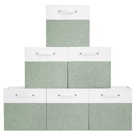 VQRTEXA 13 x 13 Inch Fabric Storage Cube Bins, 6 Pack Fine Linen Storage Boxes with Handles, Collapsible Basket Organizers for Shelves (White/Green)