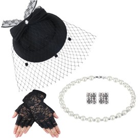 Bencailor Fascinator Hat for Women Funeral Veil Hats Set Include Mesh Hats Lace Gloves Necklace Earring for Tea Party(Classic Style)