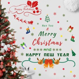 Lsshao Christmas Tree Wall Art Merry Christmas Happy Holidays Quotes Wall Decals Removable Christmas Stocking Sleigh Wall Stickers for Livingroom Playroom Bedroom Xmas New Year Decoration