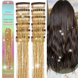 MISSUHUI 12Pcs Hair Tinsel Clip in 23.6Inch Clip in Hair Tinsel Gold Glitter Tinsel Hair Extensions Heat Resistant Tinsel Hair Kit Clip in Sparkling Fairy Hair Accessories for Girls Women Kids (Gold)