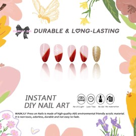 Christmas Press on Nails Short Almond MABKJLF French Tip Fake Nails Winter False Nails with Designs Snowflake Red Gold Glitter Glossy Glue on Nails Xmas Acrylic Nails for Women Girls 24 Pcs