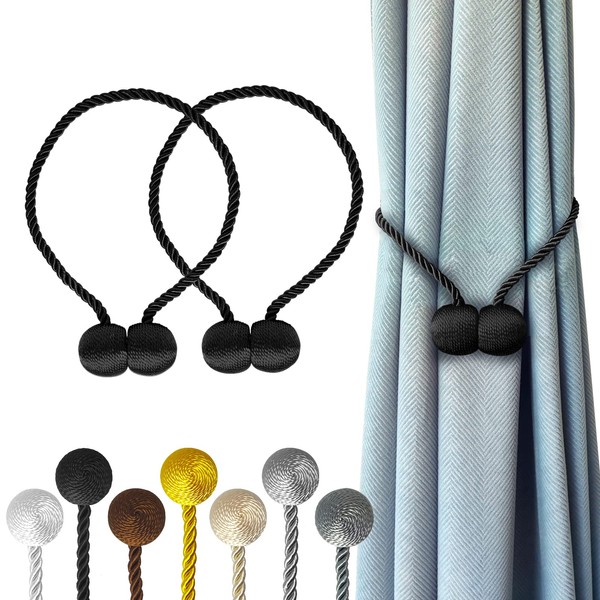 Hion Magnetic Curtain Tiebacks Black 2 Pack, Curtain Tiebacks Buckles Holdbacks Holders Hooks Clip for Home Bedroom Office Decorative Thick or Thin Curtain