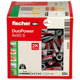 Fischer Duopower 6 x 50 S, Universal Dowels with Safety Screw, 2-Component Dowels, Plastic Dowels for Mounting in Concrete, Bricks, Stone, Plasterboard and much more, 50 Dowels + 50 Screws