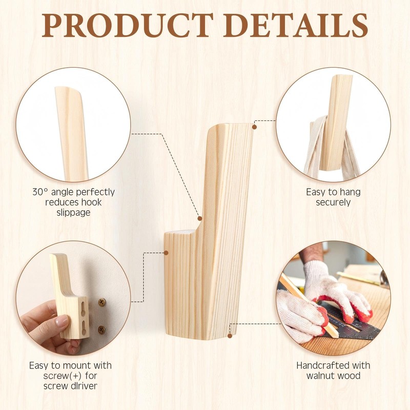 Leinuosen 6 Pack Wood Wall Hooks Walnut Coat Hooks Wall
