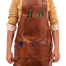 RAJERIYA Leather Apron for Men & Women, Aprons for Cooking, Welding,BBQ, Barbers, Butchers, Bartender, Chefs, Grilling (Seven Pocket Apron)