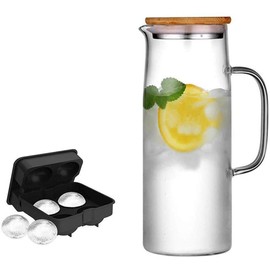 Glass Pitcher with Bamboo Lid - High Heat Resistance Stovetop Safe Pitcher for Hot/Cold Water & Iced Tea (1200ML 42oz)