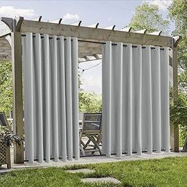 RYB HOME 2 Panels Waterproof Outdoor Curtains, Weighted Windproof Blackout Thermal Insulated Sun Screen Shades for Patio Porch Grill Cabana Party Wedding, Light Grey, W105 x L84