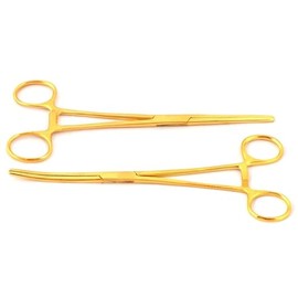 MuskalMed 2 Piece Full Gold Coated Curved & Straight 10" Hemostat Set, Stainless Steel Locking Tweezer Clamps - Ideal Hemostats for Nurses, Fishing Forceps, Crafts and Hobby