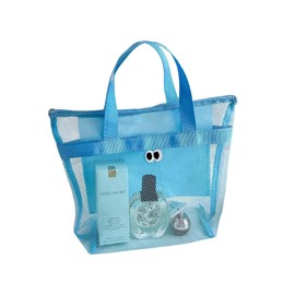 Frenflu Beach Bag, Lightweight, Mesh Bag, Spa Bag, Hanging Toiletry Bag, Large Capacity, Mesh, Bath, Swimming, Handbag, 12.6 x 10.2 x 0.4 inches (32 x 26 x 12 cm), blue