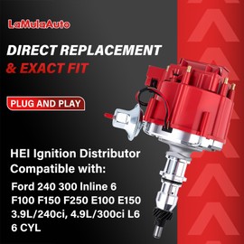 LaMulaAuto HEI Ignition Distributor LaMulaAuto Compatible with Ford 240 300 Inline 6, F100 F150 F250 E100 E150 6 Cylinders, 3.9L/240ci, 4.9L/300ci L6, One-wire Installation, 65k Volt Coil