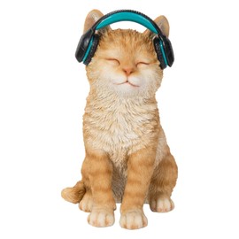 Uvia Tea Tiger Cat Listening to Music with Headphones 5.5 x 4.1 x 7.5 inches (14 x 10.5 x 19 cm), Doll, Figurine, Animal, Garden, Decorative, Realistic, Cute, Cat H21308