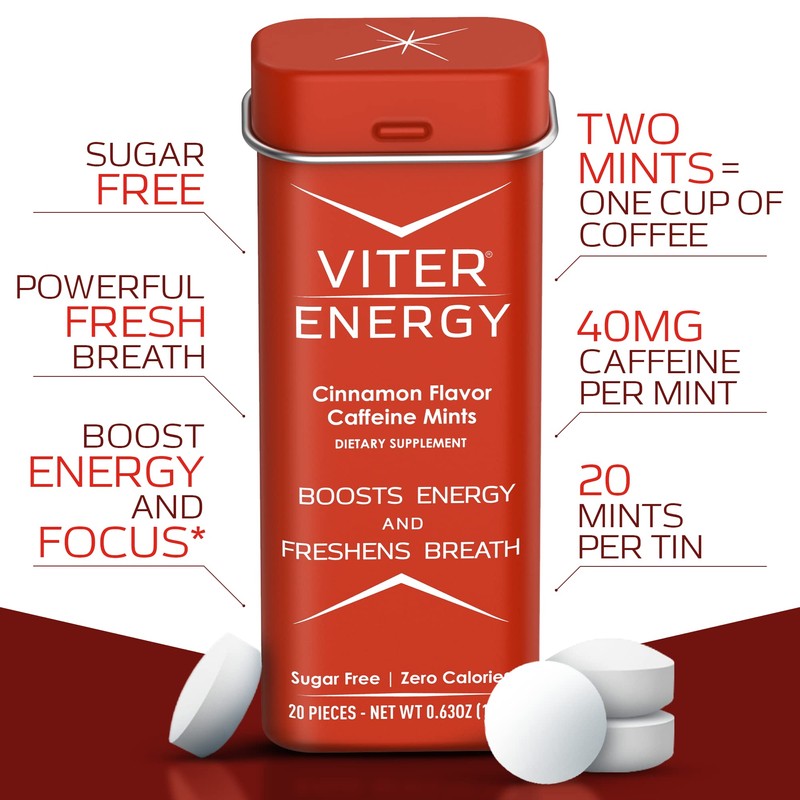 Viter Energy Caffeine Mints (120 Pieces) - 40mg Caffeine, Sugar