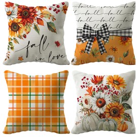Dotegu Fall Pillow Covers 18x18 Set of 4 Autumn Sunflower Decor,Buffalo Check Cushion Cases for Farmhouse Plaid Home Party Sofa Couch