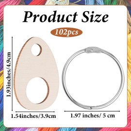 100 PCS Wood Thread Drops, with 2 Open Rings Teardrop Embroidery Floss Organizer with Metal Rings, Wooden Thread Bobbins for DIY Sewing Storage and Craft Supplies