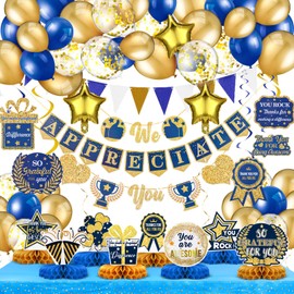 Lunmon We Appreciate You Party Decorations Employee Appreciation Table Decor Pre Strung We Appreciate You Banner Honeycomb Tablecloth Spiral Hangings Balloons for Staff Teacher