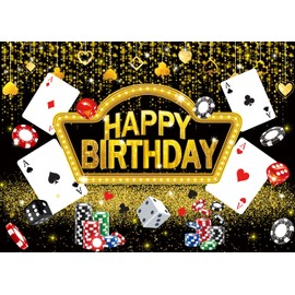 Casino Birthday Backdrop Las Vegas Casino Night Theme Gold Glitter Photography Background Poker Dice Happy Birthday Banner Adult Party Decorations Photo Props (7x5FT)
