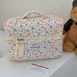 MERATIA Cotton Makeup Bag, Portable Travel Cosmetic Bag for Women Floral Toiletry Organizer Bag (Flowers-1)