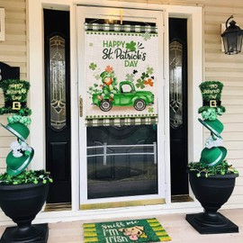 Happy St Patrick's Day House Flag for Outdoor,Buffalo Plaid St.Patricks Truck with Leprechaun Shamrock Yard Flags for Outside,Seasonal Holiday Decorative House Flag for Farmhouse Spring Decor 28x40