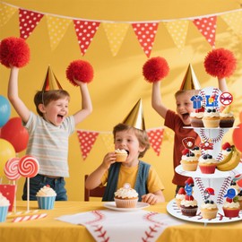 3 Tier Baseball Cupcake Stand with 24pcs Cupcake Toppers Baseball Theme Party Decor Birthday Cupcake Dessert Holder for Baby Shower Baseball Party Favors Sports Ball Themed