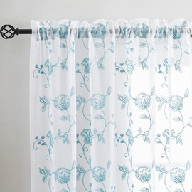 Blue Sheer Curtains Embroidery 63 Inch Length Rod Pocket Voile Drapes for Living room, Bedroom, Window Treatments Semi Flower Pattern Curtain Panels for Kitchen, Yard, Farmhouse, Set of 2, 52"x 63".