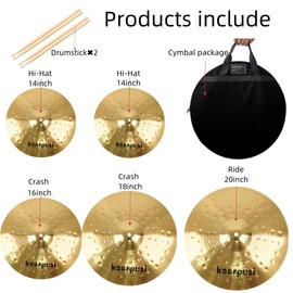 Keerpusi Cymbal Pack Alloy Cymbals Drum Cymbal Set 14"/16"/18"/20" Plus Free Cymbal Bag 5 Pieces Cymbals for Drum Set