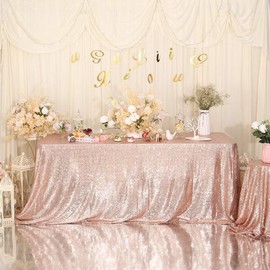 Eternal Beauty 152 * 305cm/60 * 120 inch Rectangle Sequin Tablecloth Wedding Party Banquet Table Cloths, Rose Gold