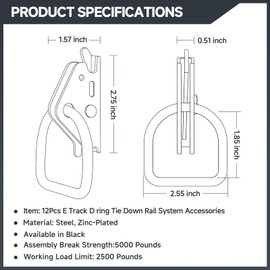 12Pcs E Track D Ring Tie-Down Anchors|E Track Accessories for Enclosed|ETrack System for Trailer Accessories for Bikes in Trailers, Pickups, Trucks，Motorcycle Anchor, Wheel Chock & Equipment(Black)