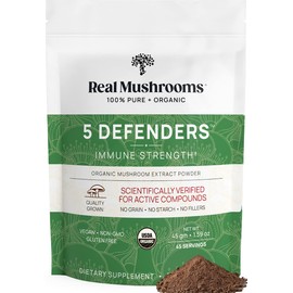 Real Mushrooms 5 Defenders Powder - Organic Mushroom Extract w/Chaga, Shiitake, Maitake, Turkey Tail, & Reishi - Supplement for Brain, Focus, & Immune Support - 45 Servings