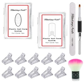 Nail Tips Clip 10Pcs with Gel Nail Molds 48pcs,Dual Nail Forms Set with Dual-ended Poly Extension Gel Brush for Quick Building Poly Extension Gel come with Nail File Nail Dust Remover Brush
