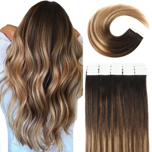 VINBAO Tape in Human Hair Extensions Ombre Black Fading to Chestnut Brown Highlights Strawberry Blonde Hair Extensions Tape ins Real Hair Double Sided Glue in Hair Extensions Human Hair 14inches 40g 20pcs(#1B/4/27-14Inch)