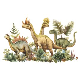 Watercolor Dinosaur Wall Decals - Large Removable Cartoon Dino & Tropical Palm Leaves Stickers for Nursery, Kids Bedroom, Classroom (35.4x23.6, 2-Panel Set)