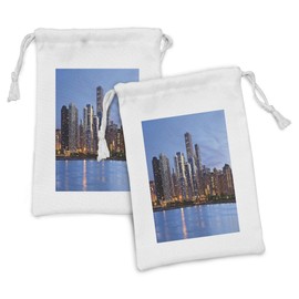 Ambesonne Chicago Skyline Fabric Pouch Set of 2, Sunset in Big City with Dramatic Sky Skyscrapers Evening by Lake, Small Drawstring Bag for Toiletries Masks and Favors, 9" x 6", Blue Orange Taupe