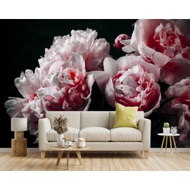 YIHWM - Black Peony Pink Floral Living Room Fabric Wallpaper Bedroom Bathroom Dark Flowers Wall Mural- 91"x65"（ not Peel and Stick）