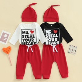 FYBITBO My First ValentinesDay Baby Boy Outfits Newborn Infant Romper Onesie Heart Red Pants Hat Long Sleeve Clothes Set (Mr Steal Your Heart Red, 6-12 Months)