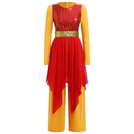 AFAVOM Praise Dance Dresses for Women Metallic Sequin Asymmetric Ruffle Chiffon Overlay Dress + Wide Leg Dance Pants Jumpsuit + Belt 3PCS Full Length Worship Liturgical Dancewear Costume Red M