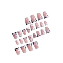 French Tips Press on Nails Medium Duck Fake Nails with Pink Flower Charm Design 3D Star Star False Nails Glossy Skin Tones Zebra Stick on Nails Summer Glue on Nails for Women Girls Manicure 24Pcs