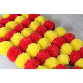 Pound Veg Pack of 5 Artificial Flowers, Light Orange Marigold Flower Garlands 5 Feet Long, for Parties, Indian Weddings,Decorations, Home Decoration, DIWALI, Indian Festival (Red &Yellow)