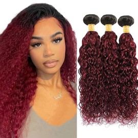 Burgundy Bundle Ombre Water Wave Human Hair Bundles 1B99J Red Wet and Wavy Bundles Human Hair Two Tone Burgundy Ocean Wave Bundle Hair Weave 16 18 20 Inch